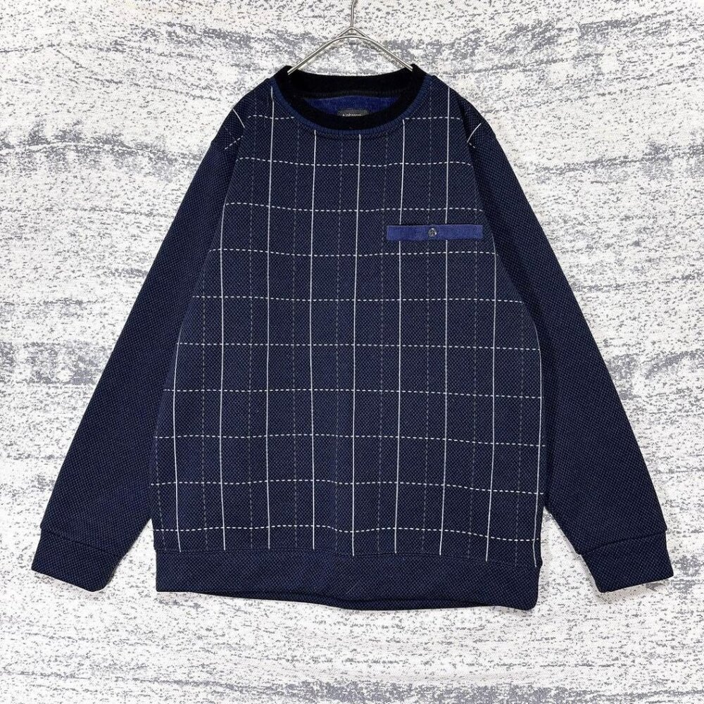Mana Navy Checkered Fleece-Lined Crew Neck Top